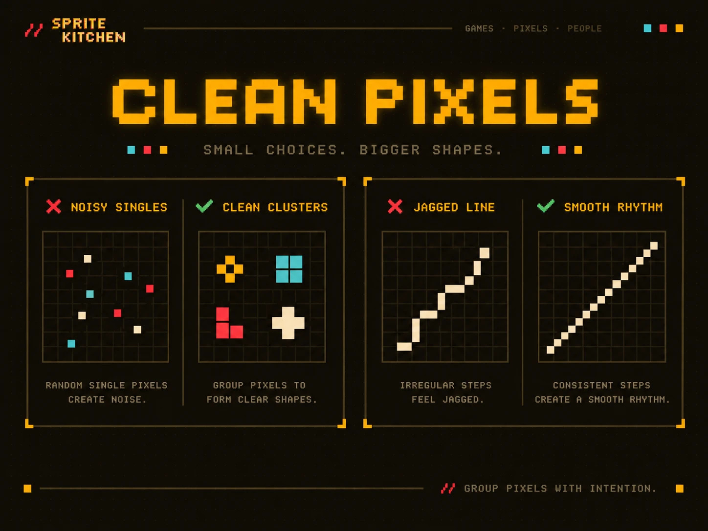 Scattered single pixels against grouped clusters, and a jagged diagonal against an even one.