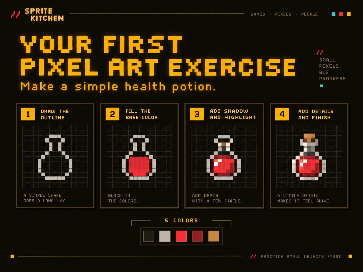 Four steps building a health potion: outline, base colour, shadow and highlight, final details.