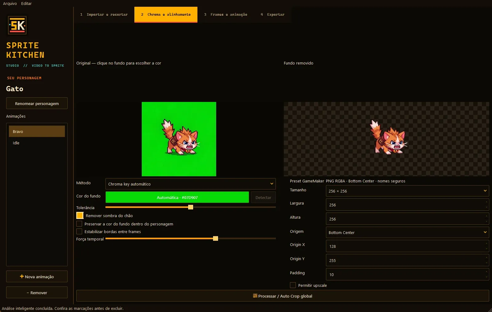 Chroma and alignment tab: original frame next to the cut-out, key settings and GameMaker output settings
