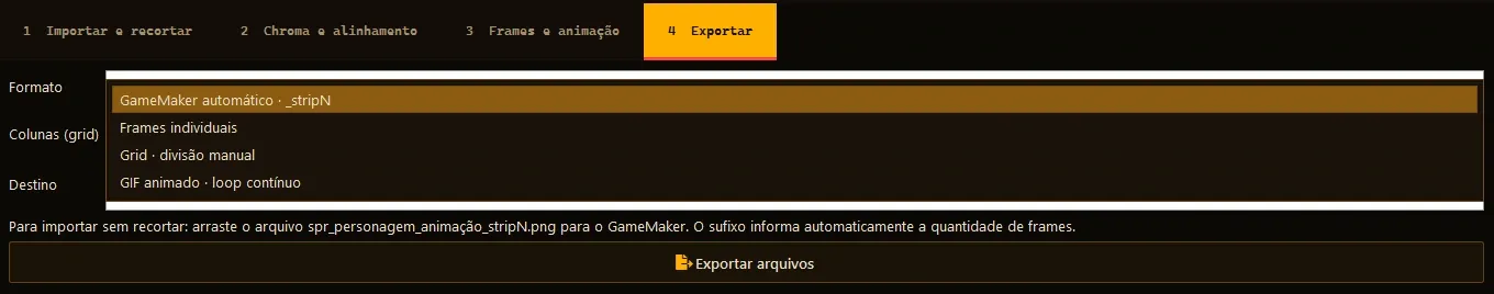 Export tab with the format list open: GameMaker _stripN, individual frames, grid and animated GIF