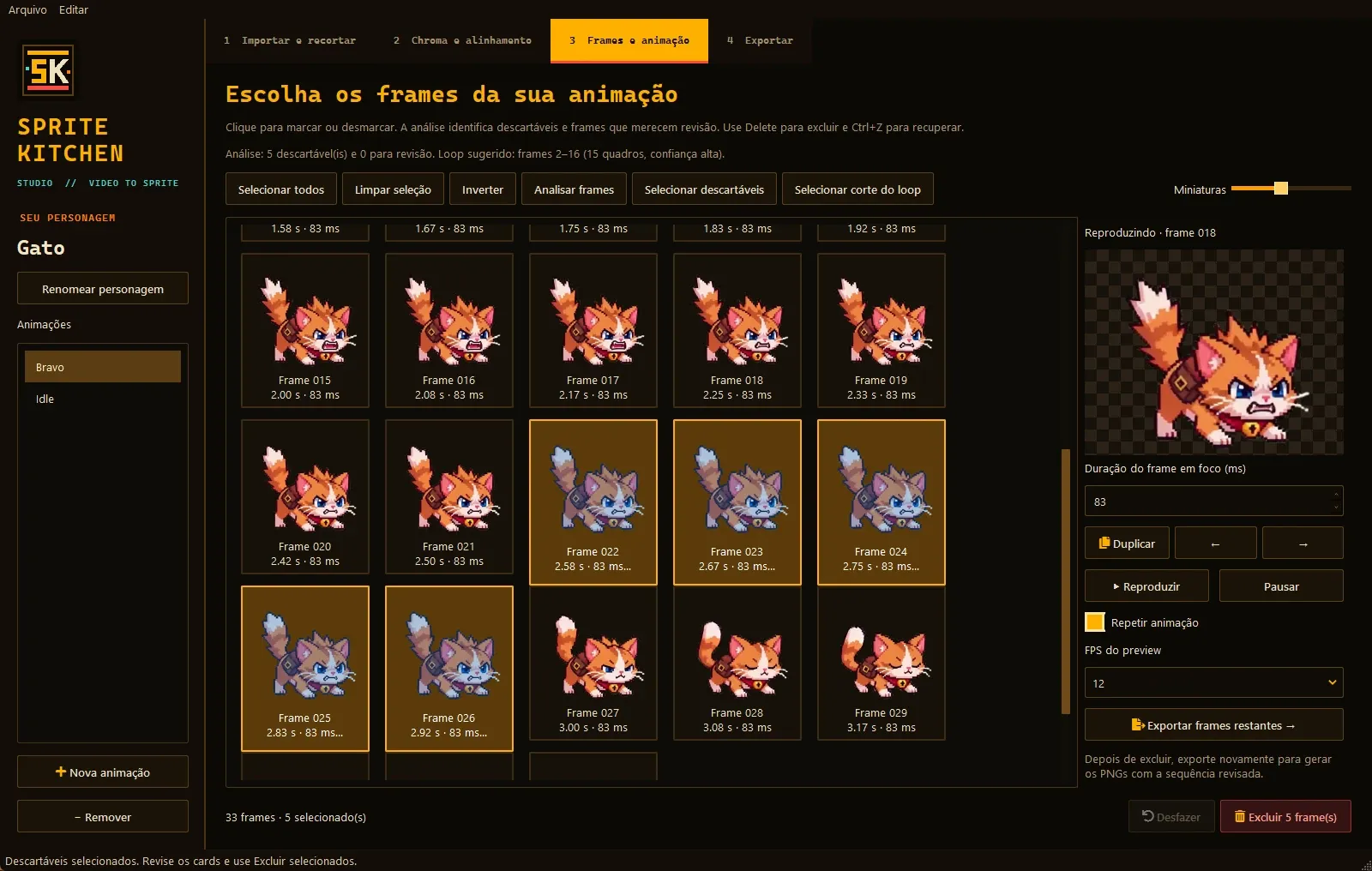 Frames tab: grid of frames with five duplicates selected by the analysis, and the animation preview