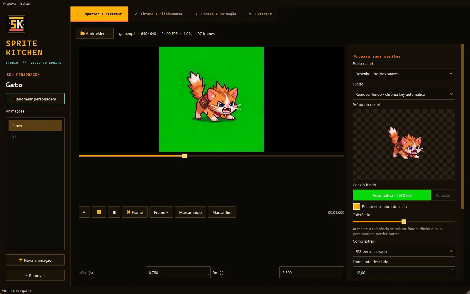 Import tab: video player with the cat on a green screen, trim points and the cut-out preview